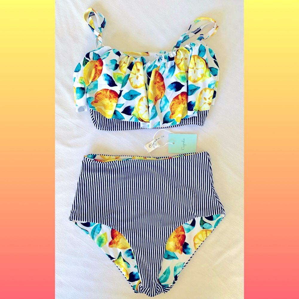 Two piece high waist lemons swimsuit